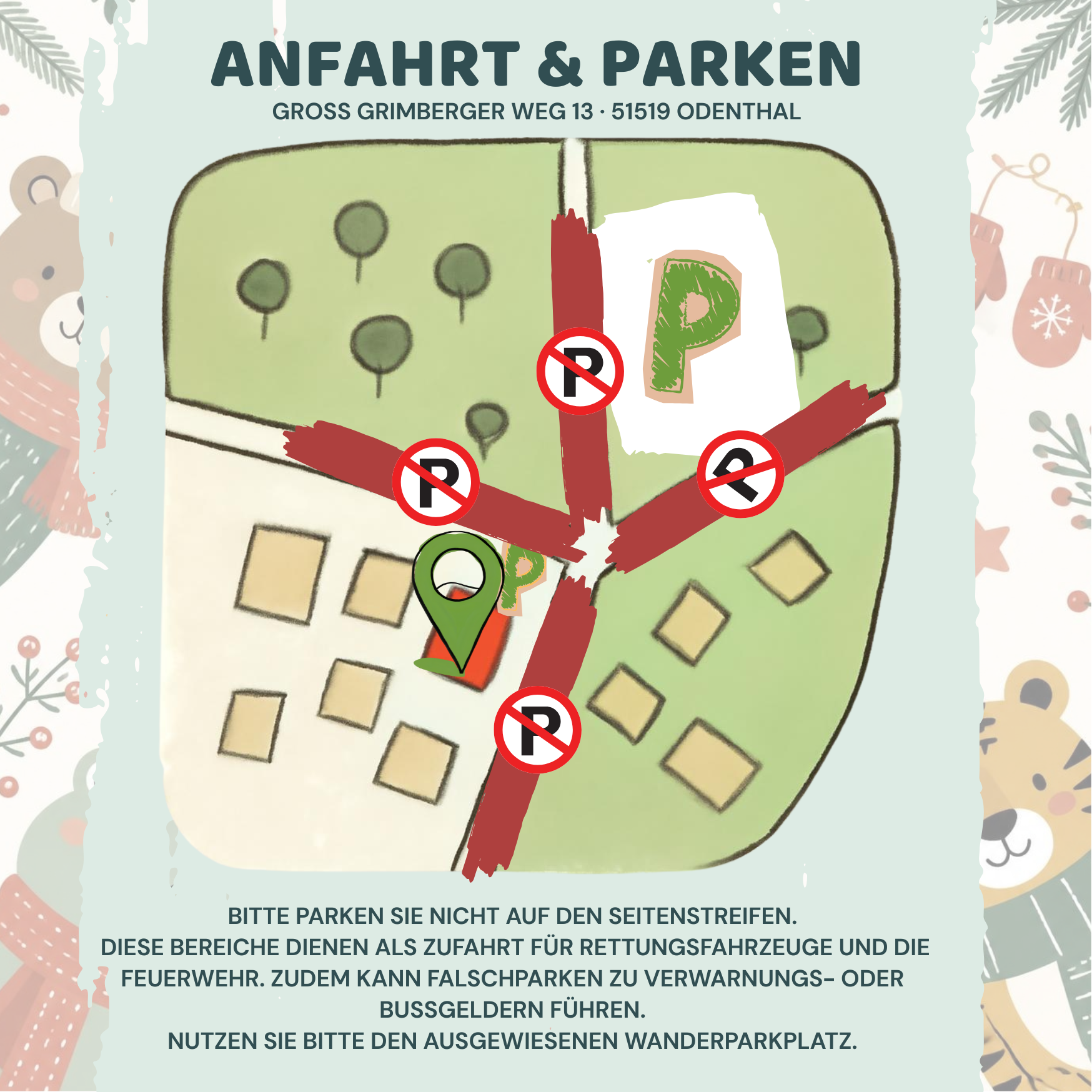 Parkhinweis mit Lageplan: Bitte den ausgewiesenen Wanderparkplatz nutzen und die Seitenstreifen für Rettungsfahrzeuge freihalten.